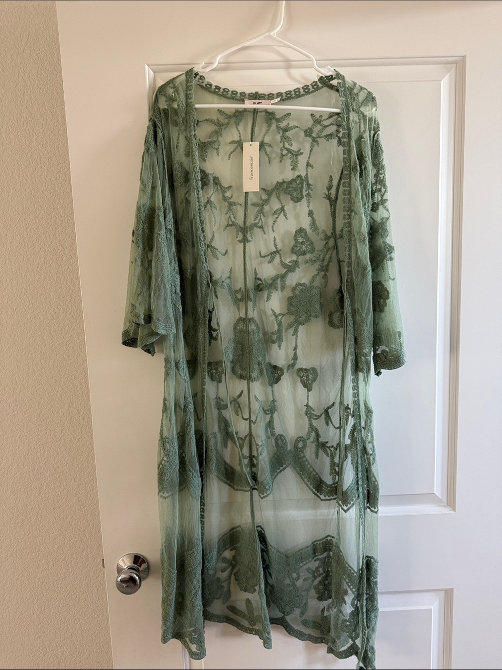 miami Sheer Lace Embroidered Kimono Robe - Sage Green